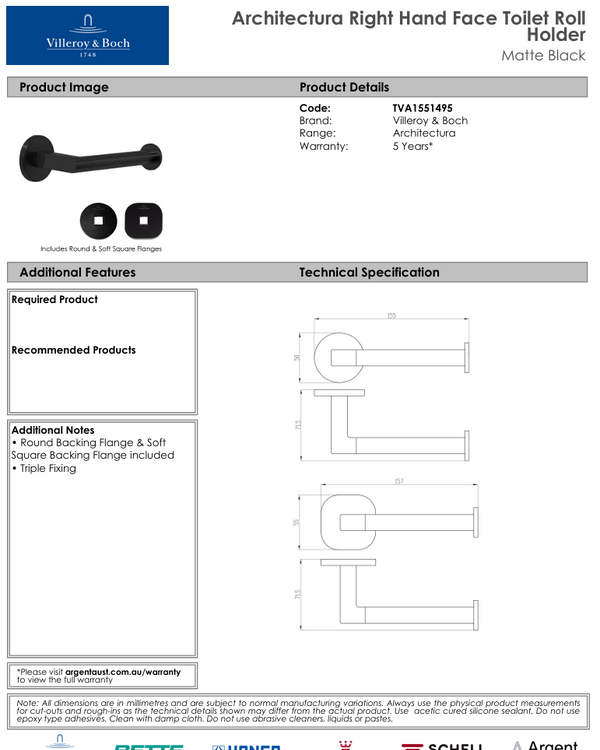 Architectura Right Hand Faced Toilet Roll Holder Matte Black