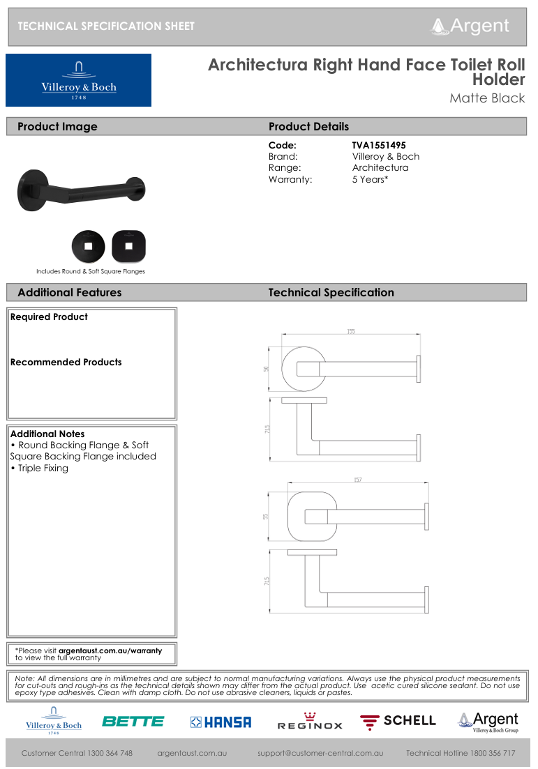 Architectura Right Hand Faced Toilet Roll Holder Matte Black