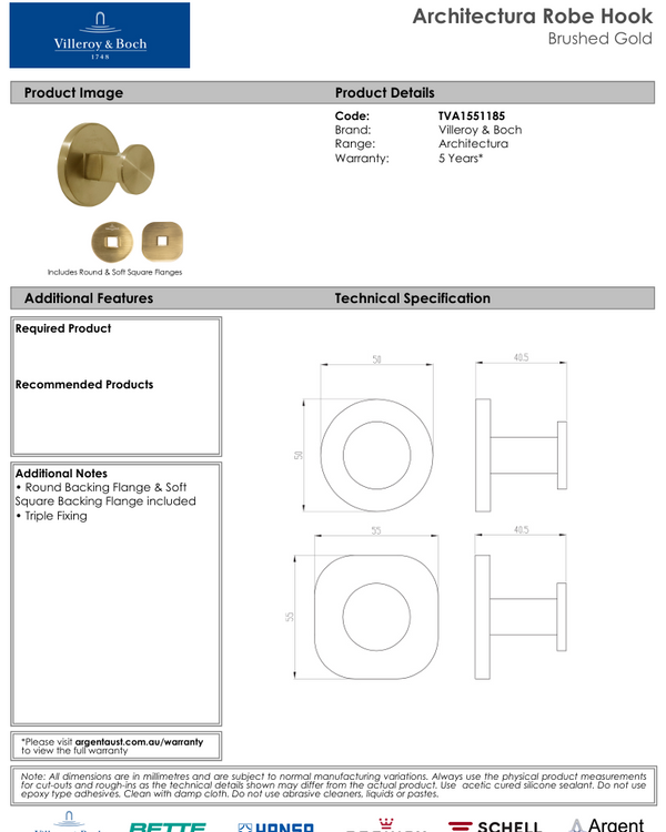 Architectura Robe Hook Brushed Gold
