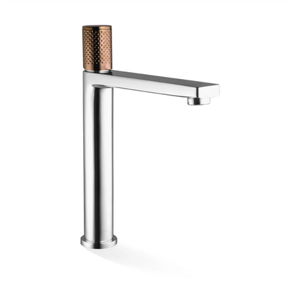 The GABE Hi-Rise Basin Mixer - Chrome with Rose Gold Handle
