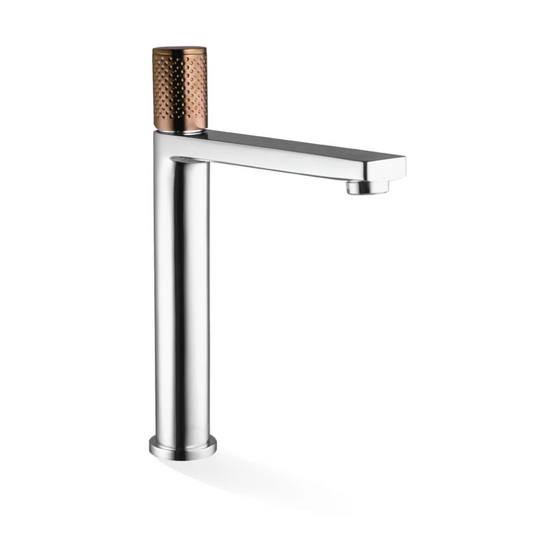 The GABE Hi-Rise Basin Mixer - Chrome with Rose Gold Handle