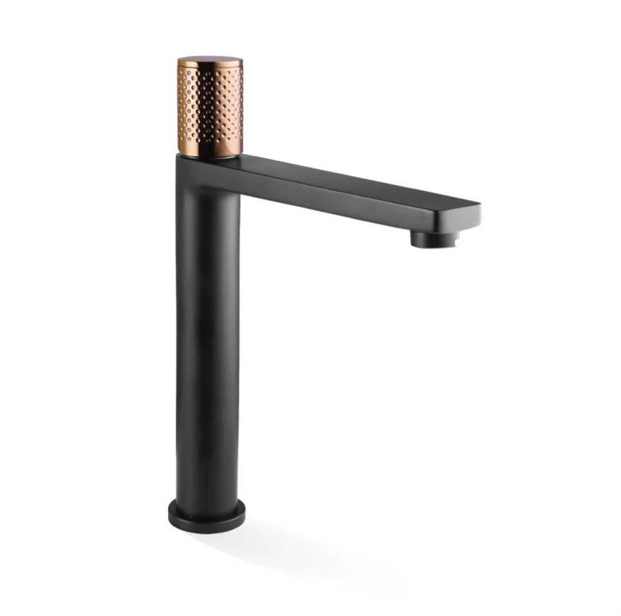 The GABE Hi-Rise Basin Mixer - Matte Black with Rose Gold handle