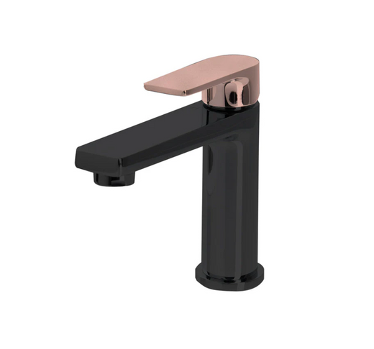 The GABE Leva Basin Mixer - Matte Black with Rose Gold handle