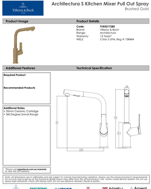 Architectura S Kitchen Mixer Pull Out Spray Brushed Gold