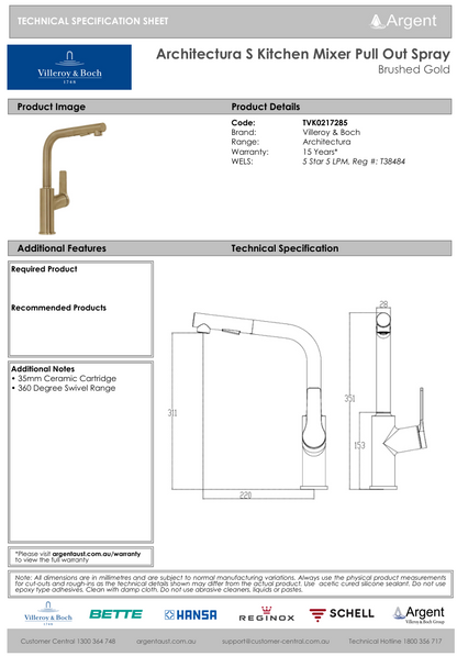 Architectura S Kitchen Mixer Pull Out Spray Brushed Gold