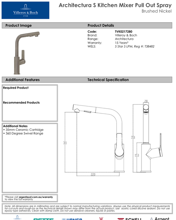 Architectura S Kitchen Mixer Pull Out Spray Brushed Nickel