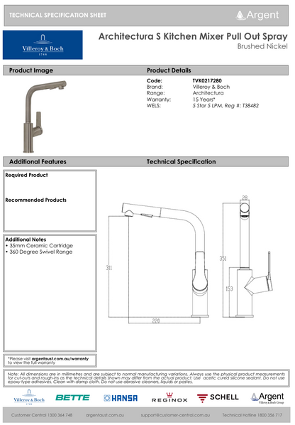 Architectura S Kitchen Mixer Pull Out Spray Brushed Nickel