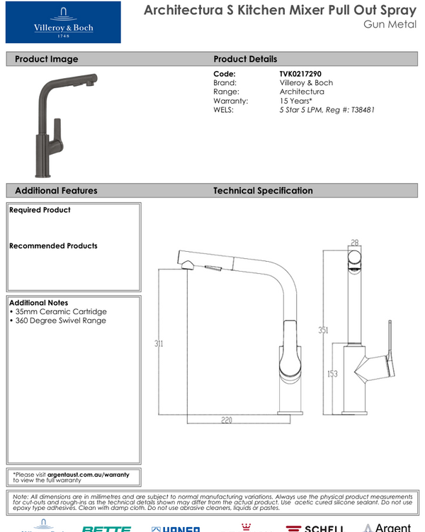 Architectura S Kitchen Mixer Pull Out Spray Gun Metal