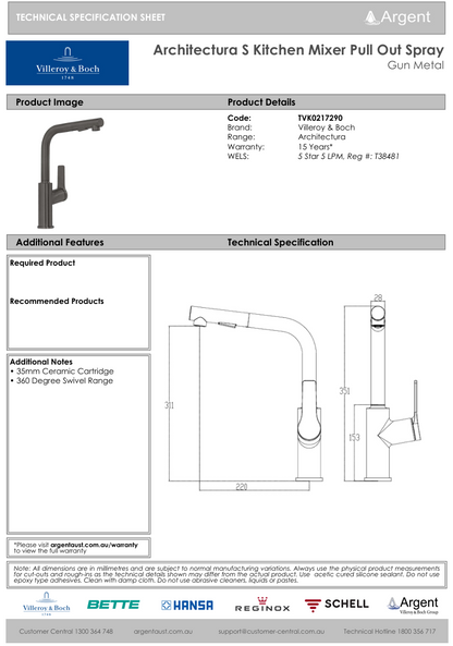 Architectura S Kitchen Mixer Pull Out Spray Gun Metal