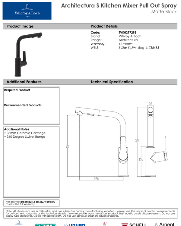 Architectura S Kitchen Mixer Pull Out Spray Matte Black