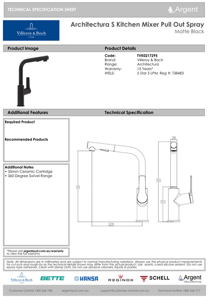 Architectura S Kitchen Mixer Pull Out Spray Matte Black