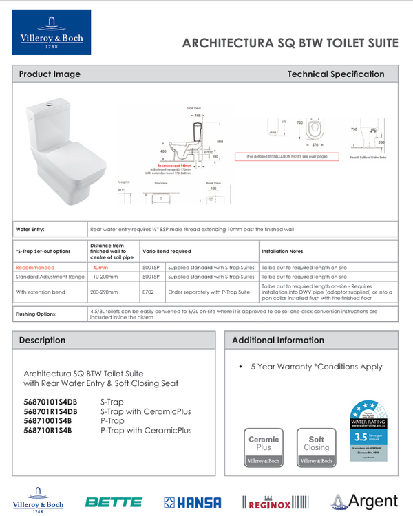 Architectura SQ Back To Wall Toilet | S Trap
