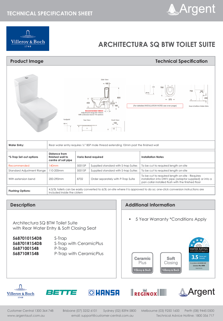 Architectura SQ Back To Wall Toilet | S Trap