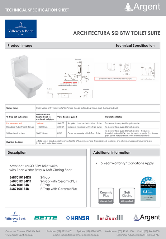 Architectura SQ Back To Wall Toilet | S Trap
