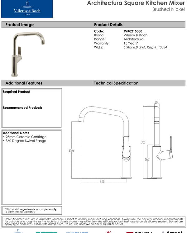 Architectura Square Kitchen Mixer Brushed Nickel