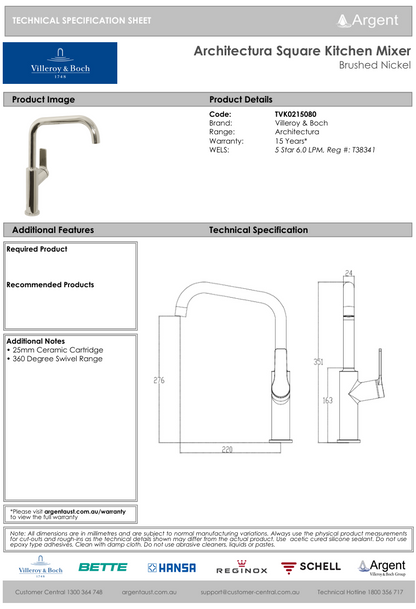 Architectura Square Kitchen Mixer Brushed Nickel