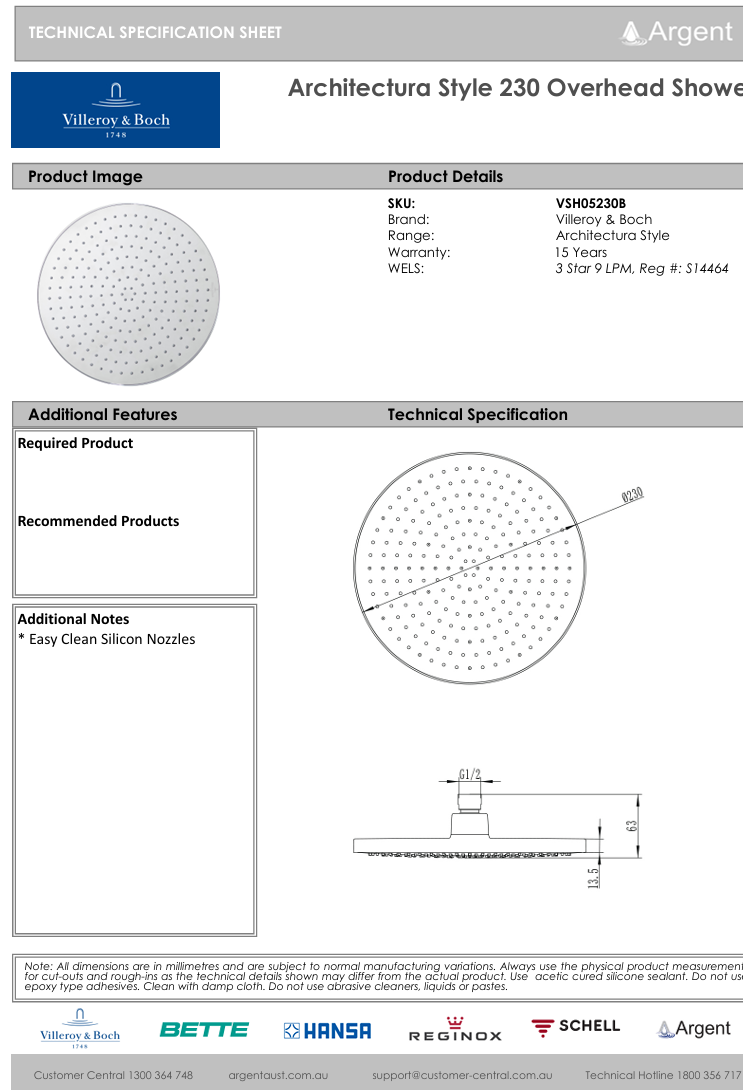 Architectura Style 230 Overhead Shower