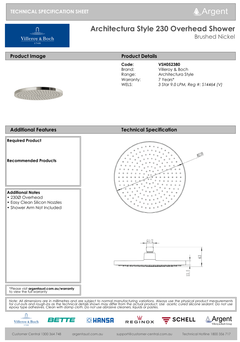 Architectura Style 230 Overhead Shower Brushed Nickel