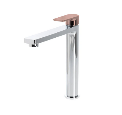 The GABE Leva High Rise Basin Mixer - Chrome with Rose Gold Handle