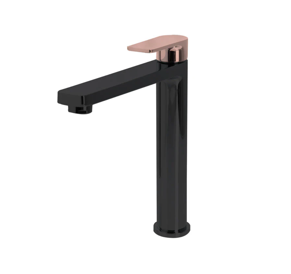 The GABE Leva High Rise Basin Mixer - Matte Black with Rose Gold handle