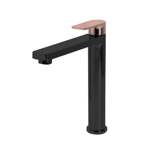 The GABE Leva High Rise Basin Mixer - Matte Black with Rose Gold handle
