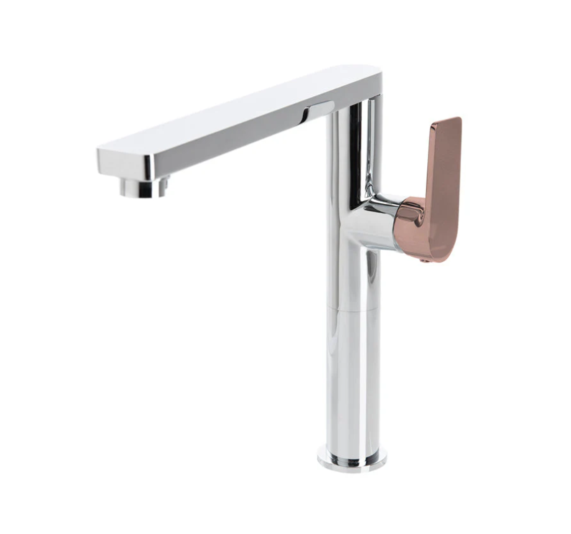 The GABE Leva Sink Mixer - Chrome with Rose Gold Handle
