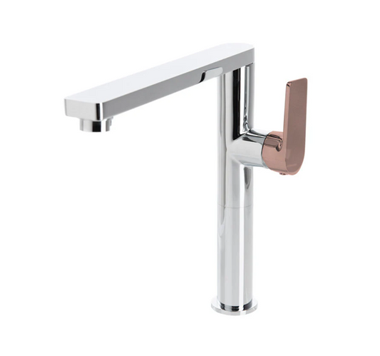 The GABE Leva Sink Mixer - Chrome with Rose Gold Handle