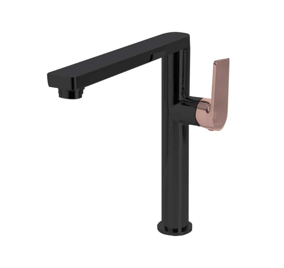 The GABE Leva Sink Mixer - Matte Black with Rose Gold handle
