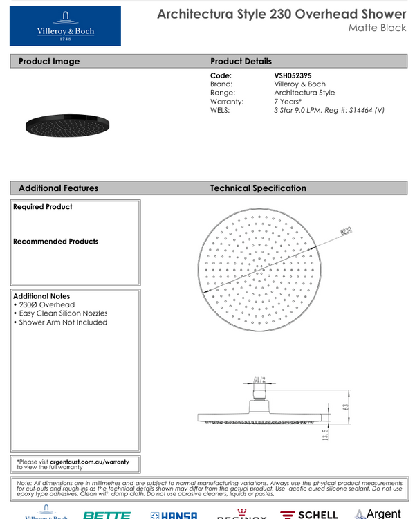 Architectura Style 230 Overhead Shower Matte Black