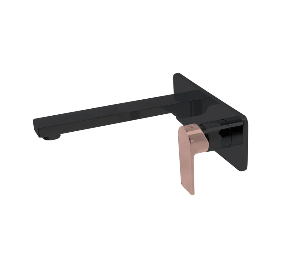 The GABE Leva Wall Outlet Mixer - Matte Black with Rose Gold handle