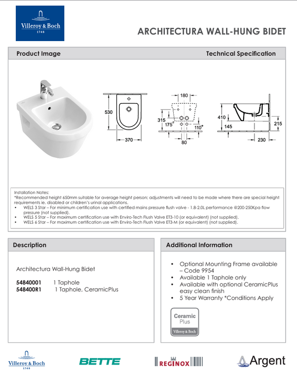 Architectura Wall Hung Bidet 1 Tap Hole