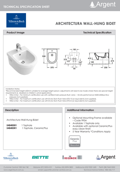 Architectura Wall Hung Bidet 1 Tap Hole