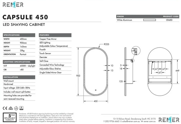 Capsule 450 with Matt Black Frame - W450 x H900 x D125