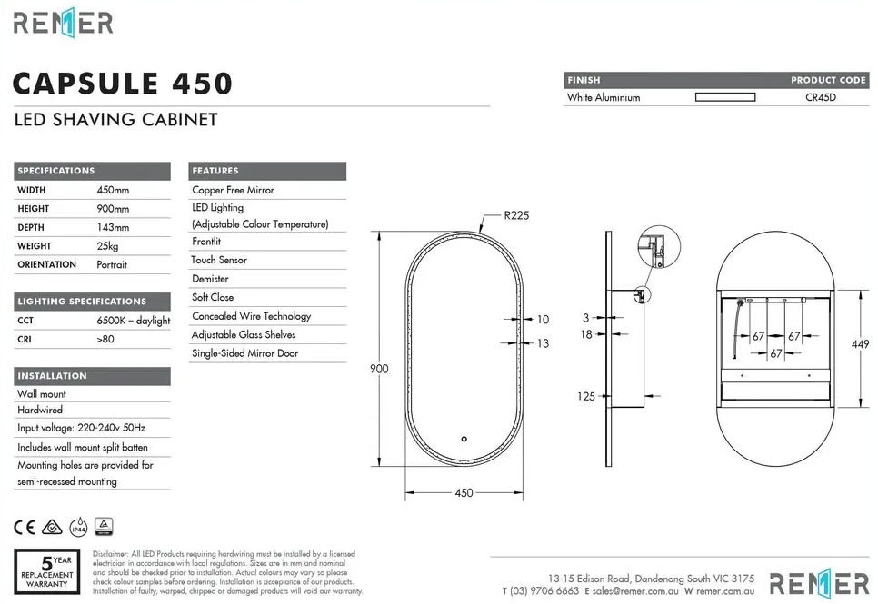 Capsule 450 with Brushed Nickel Frame - W450 x H900 x D125