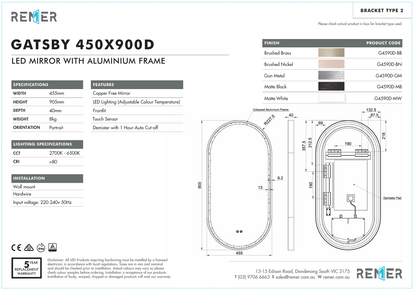 Gatsby with Matt White Aluminium Frame - W460 x H910 x D40