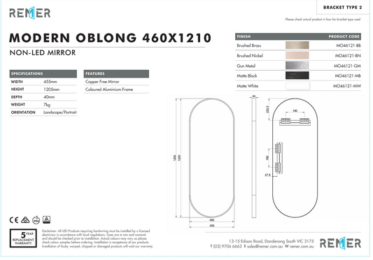 Modern Oblong 460x1210 with Matt White Aluminium Frame - W460 x H1210 x D40