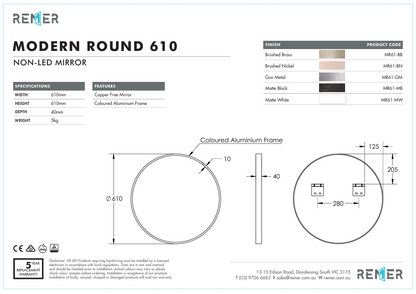 Modern Round 610 with Matt White Aluminium Frame - W610 x H610 x D40