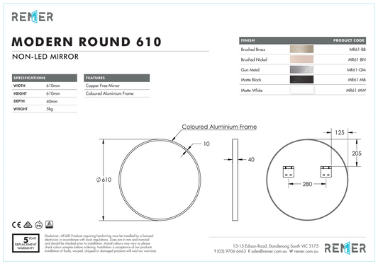 Modern Round 610 with Matt White Aluminium Frame - W610 x H610 x D40