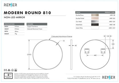 Modern Round 810 with Matt White Aluminium Frame - W810 x H810 x D40