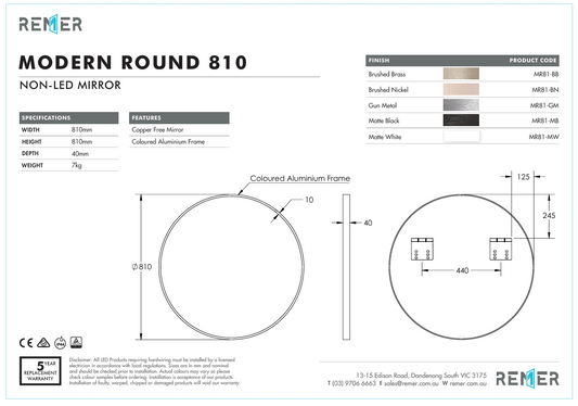 Modern Round 810 with Matt White Aluminium Frame - W810 x H810 x D40