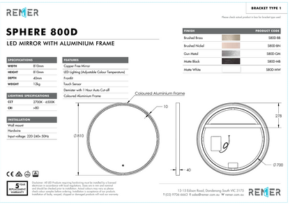 Sphere 800D with Matt White Aluminium Frame - W810 x H810 x D40