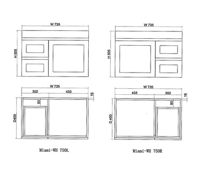 Miami 750mm Wall Hung Vanity with Ceramic Top