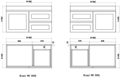 Miami 900mm Wall Hung Vanity with Ceramic Top