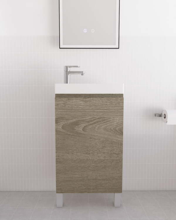 Mini Dark Oak Freestanding Vanity with Ceramic Top