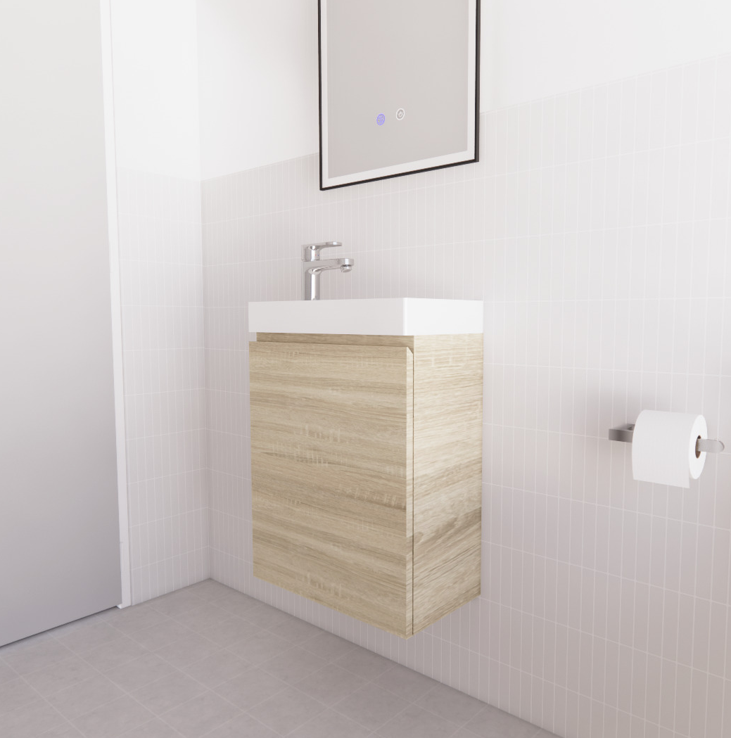 Mini Light Oak Wall Hung Vanity with Ceramic Top