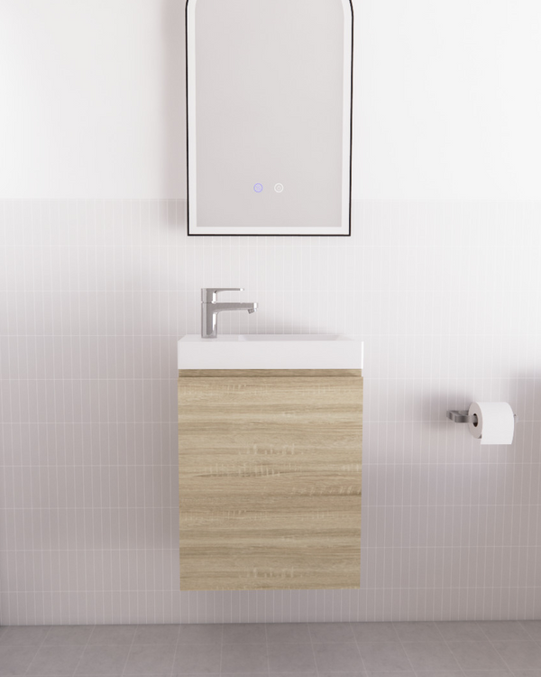 Mini Light Oak Wall Hung Vanity with Ceramic Top