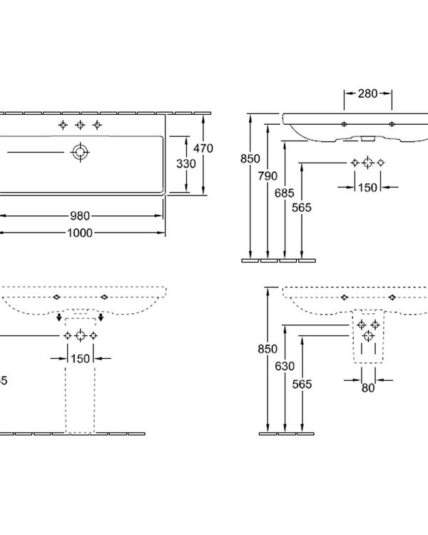 Avento 1000 Wall Basin 1 Tap Hole | No Overflow
