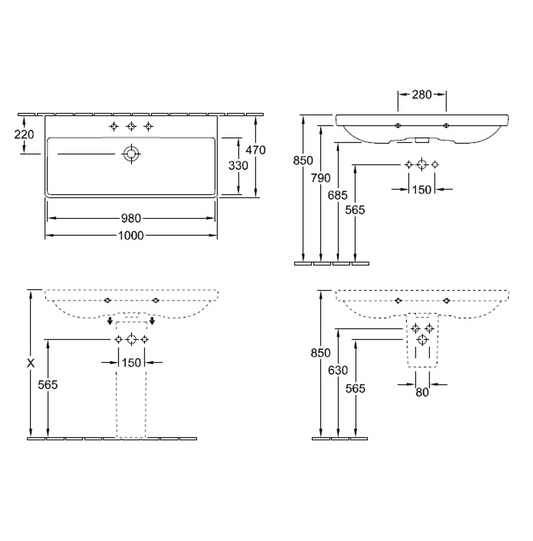 Avento 1000 Wall Basin 1 Tap Hole | No Overflow
