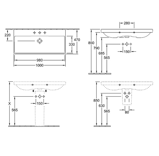 Avento 1000 Wall Basin 2 x 1 Tap Hole | No Overflow