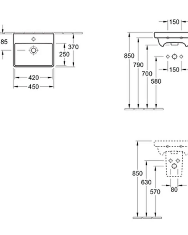 Avento 450 Hand Wash Basin 1 Tap Hole